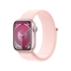 Apple Watch Series 9 [GPS 41mm] Smartwatch with Pink Aluminum Case with Light Pink Sport Loop One Size. Fitness Tracker