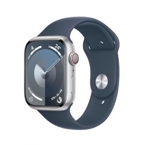 Apple Watch Series 9 [GPS + Cellular 45mm] Smartwatch with Silver Aluminum Case with Storm Blue Sport Band S/M. Fitness Tracker