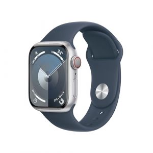 Apple Watch Series 9 [GPS + Cellular 41mm] Smartwatch with Silver Aluminum Case with Storm Blue Sport Band S/M. Fitness Tracker