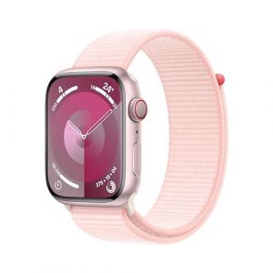 Apple Watch Series 9 [GPS + Cellular 45mm] Smartwatch with Pink Aluminum Case with Light Pink Sport Loop One Size. Fitness Tracker