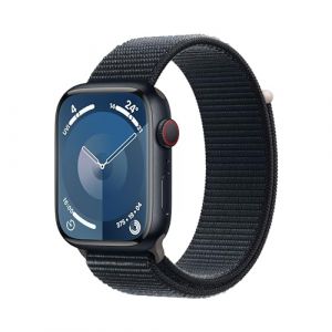 Apple Watch Series 9 [GPS + Cellular 45mm] Smartwatch with Midnight Aluminum Case with Midnight Sport Loop One Size. Fitness Tracker