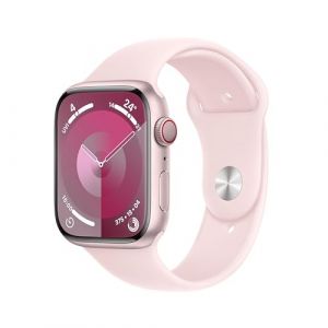 Apple Watch Series 9 [GPS + Cellular 45mm] Smartwatch with Pink Aluminum Case with Light Pink Sport Band S/M. Fitness Tracker