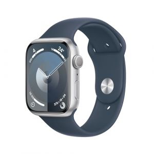 Apple Watch Series 9 [GPS 45mm] Smartwatch with Silver Aluminum Case with Storm Blue Sport Band S/M. Fitness Tracker