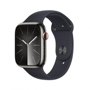 Apple Watch Series 9 [GPS + Cellular 45mm] Smartwatch with Graphite Stainless Steel Case with Midnight Sport Band S/M. Fitness Tracker
