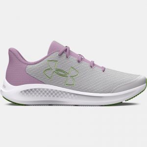 Girls' Grade School  Under Armour  Charged Pursuit 3 Big Logo Running Shoes Halo Gray / Fresh Orchid / Lumos Lime 4.5