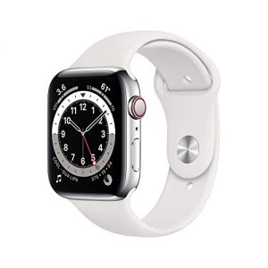 Apple Watch Series 6 44mm (GPS + Cellular) - Silver Stainless Steel Aluminium Case with White Sport Band (Renewed)
