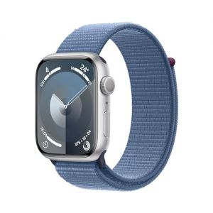 Apple Watch Series 9 [GPS 45mm] Smartwatch with Silver Aluminum Case with Winter Blue Sport Loop One Size. Fitness Tracker