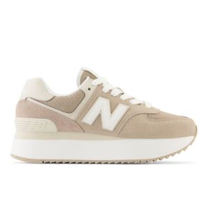 New Balance Women's 574+ in Brown/Grey/White Suede/Mesh, size 7 Narrow